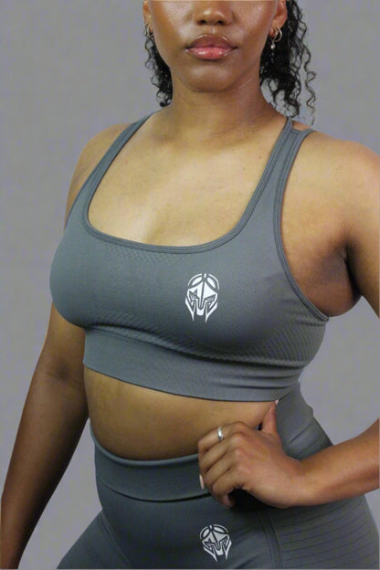 Grey Valkyrie Sports Bra by Titans, featuring supportive design and breathable fabric, shown on a model.